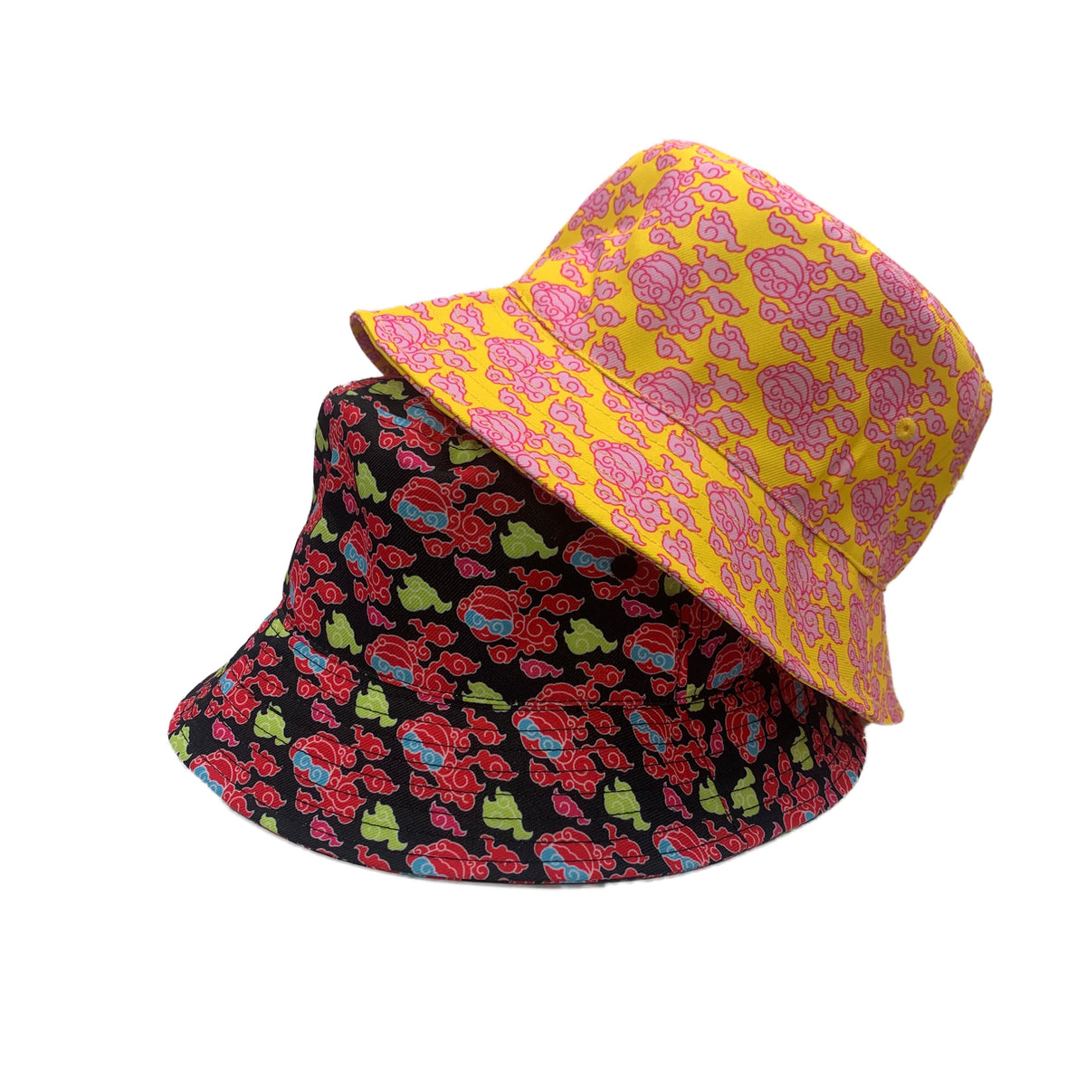 幸运-Auspicious Chiin Chilla Clouds Bucket Hats (Black Candy Clouds &amp; Yellow Pink Sunset)